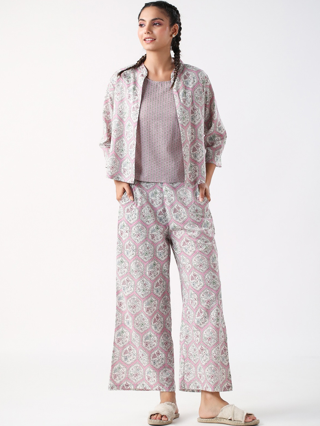 

JISORA Off White & Pink Printed Pure Cotton 3-Piece Night suit