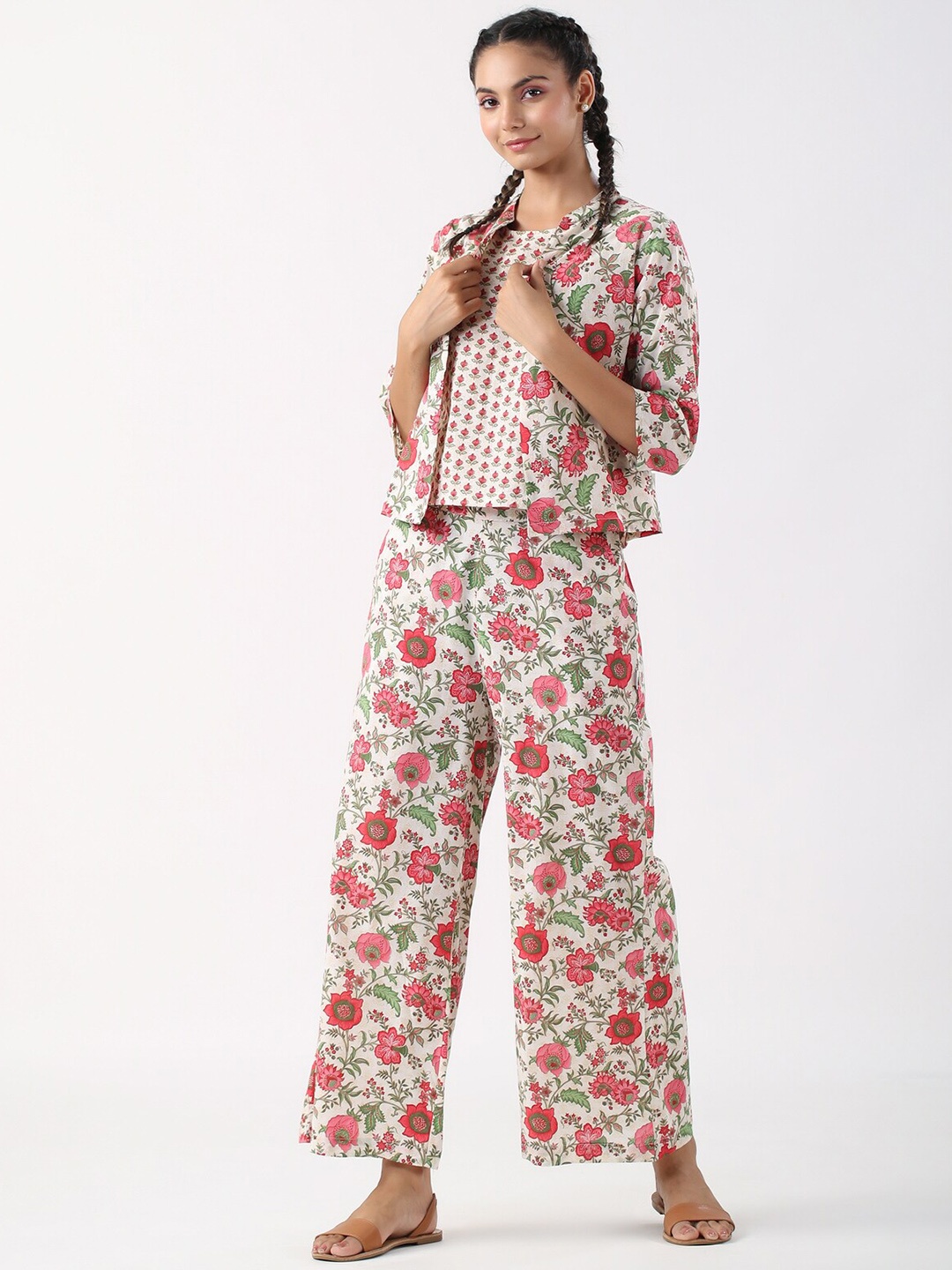 

JISORA White & Pink Printed Pure Cotton 3-Piece Night suit