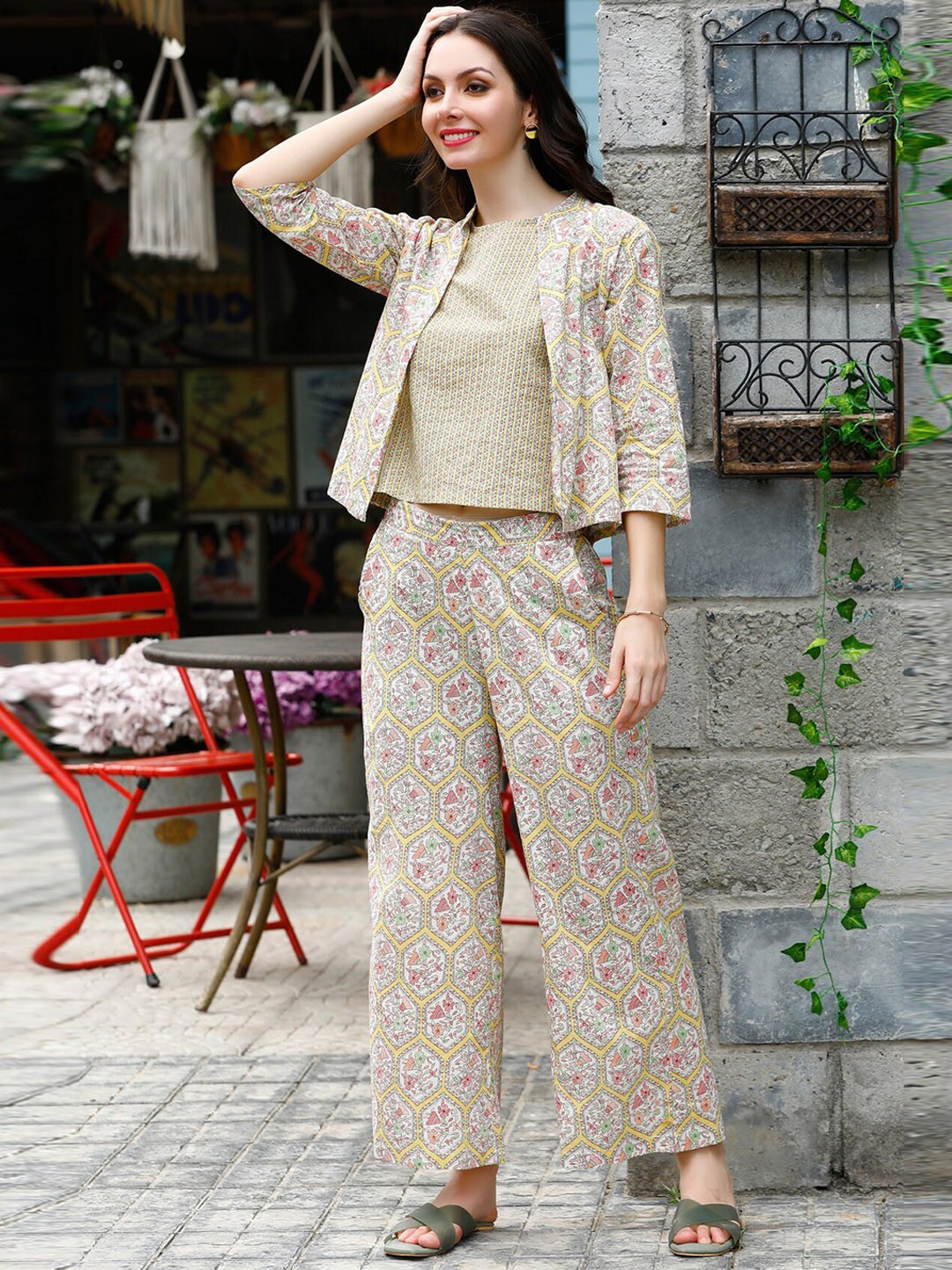 

JISORA Ethnic Motifs Printed Pure Cotton Co-Ords, Grey