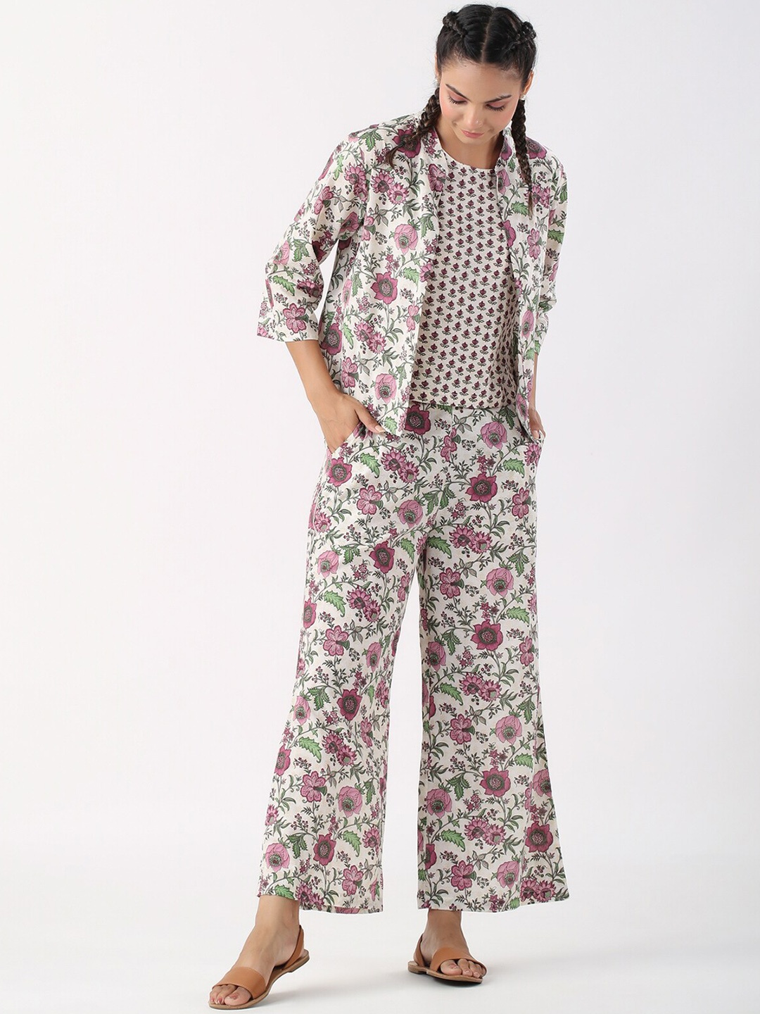 

JISORA Floral Printed Pure Cotton Co-Ords, Green