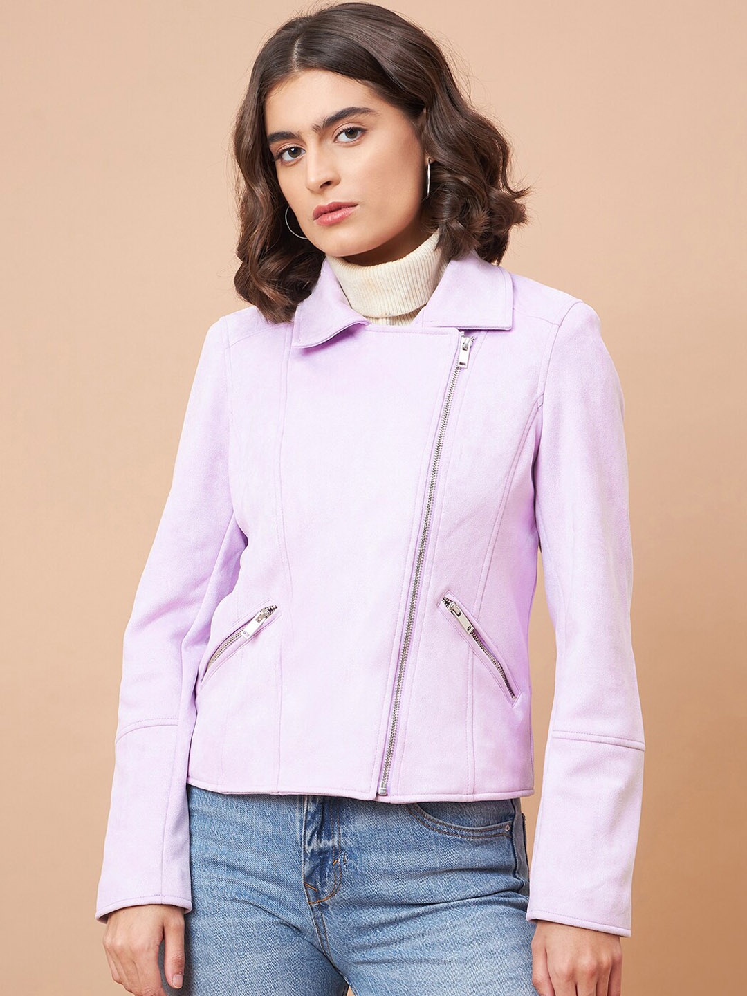 

Gipsy Spread Collar Long Sleeves Zip Detail Suede Tailored Jacket, Lavender