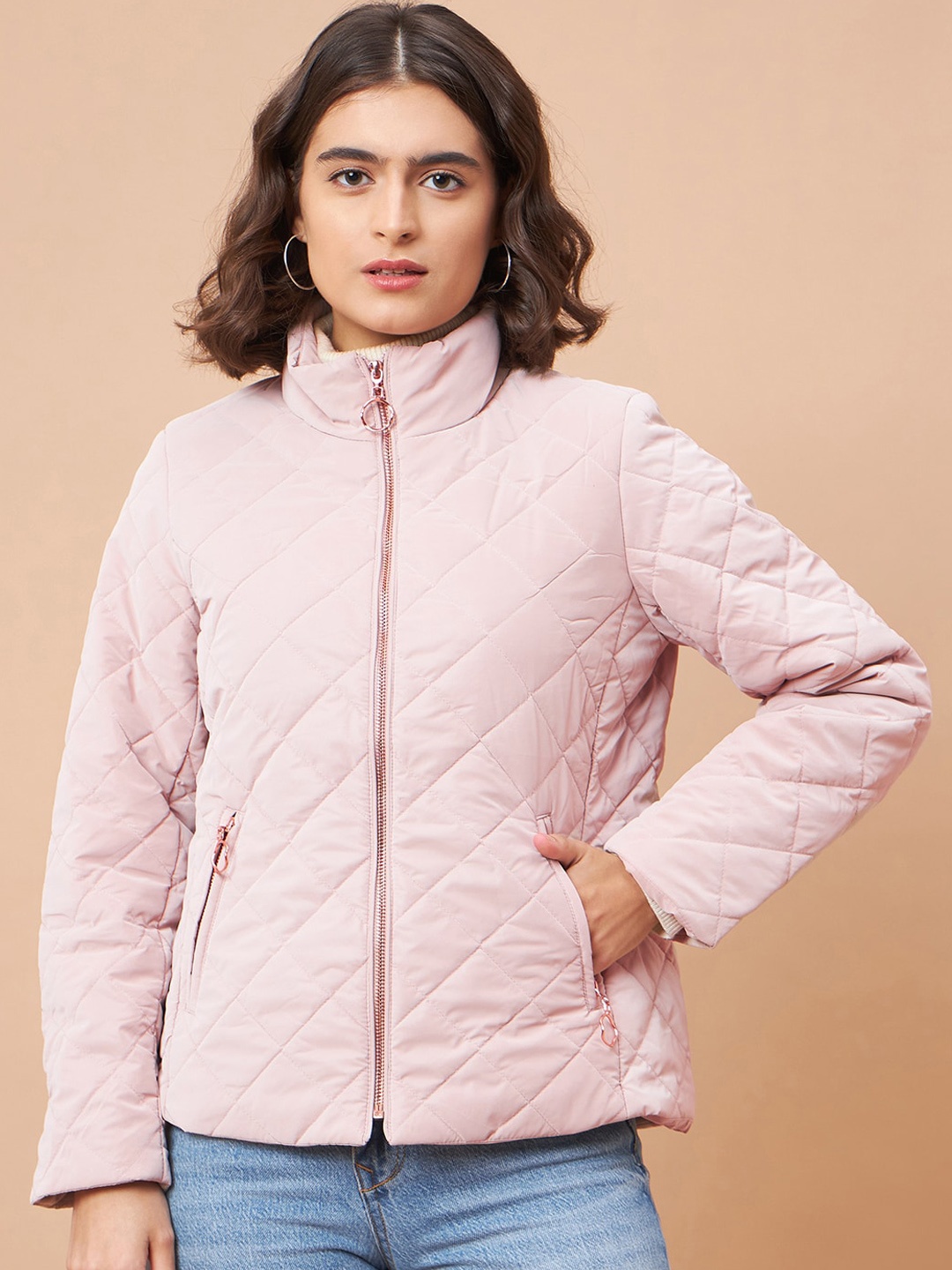 

Gipsy Mock Collar Quilted Jacket, Pink