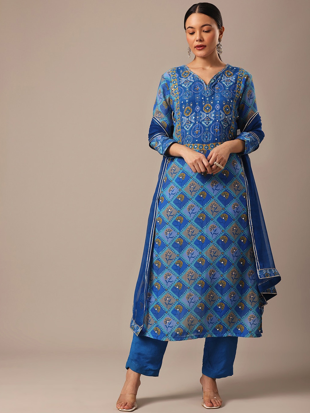 

KALKI Fashion Ethnic Motifs Printed Mirror Work Kurta with Trousers And Dupatta, Blue