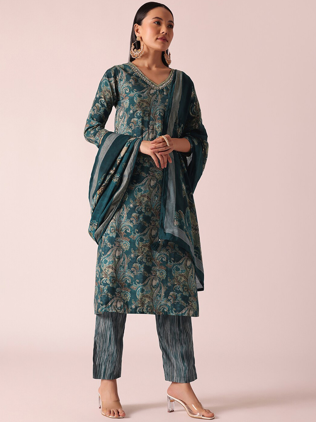

KALKI Fashion Ethnic Motifs Printed Sequinned Straight Kurta with Trousers & With Dupatta, Teal