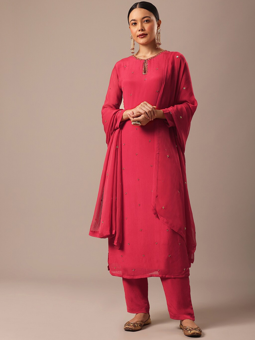 

KALKI Fashion Floral Embroidered Regular Sequinned Kurta With Trousers & Dupatta, Red