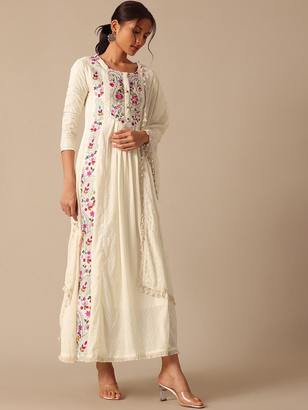 

KALKI Fashion Floral Embroidered Ethnic Dress & Dupatta, White