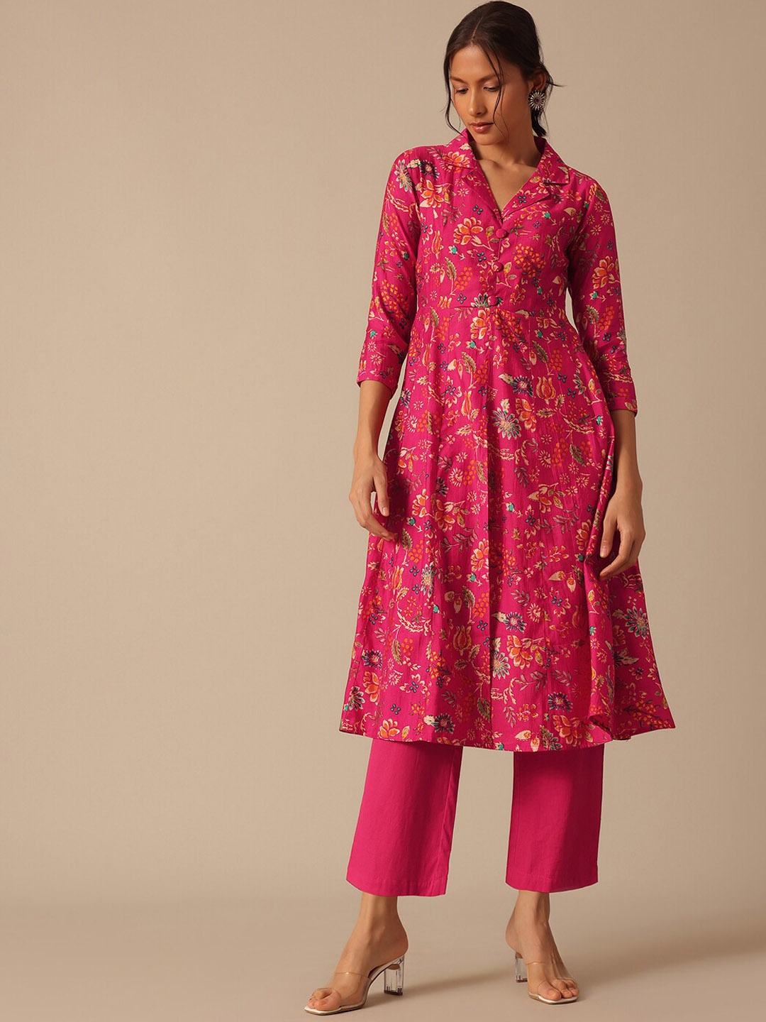 

KALKI Fashion Floral Printed A Line Kurta With Trousers, Pink