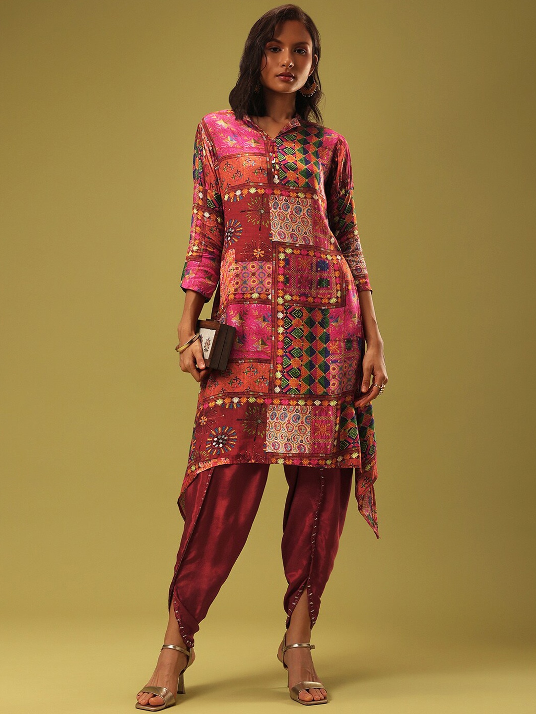 KALKI Fashion Ethnic Motifs Printed Satin A Line Kurti With Dhoti Pants, Maroon