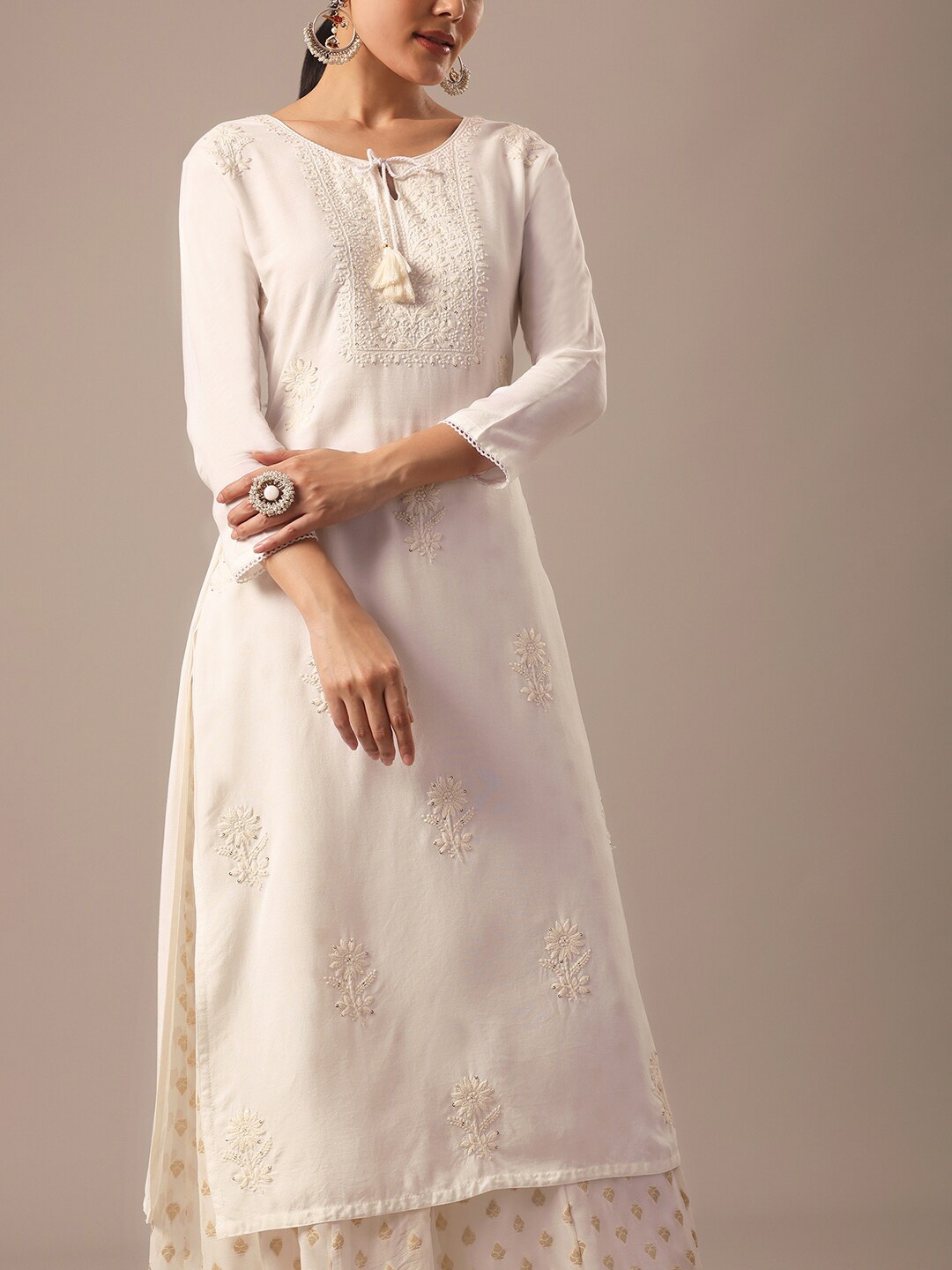 

KALKI Fashion Ethnic Motifs Embroidered Lucknowi Chikankari Straight Kurta With Palazzos, White