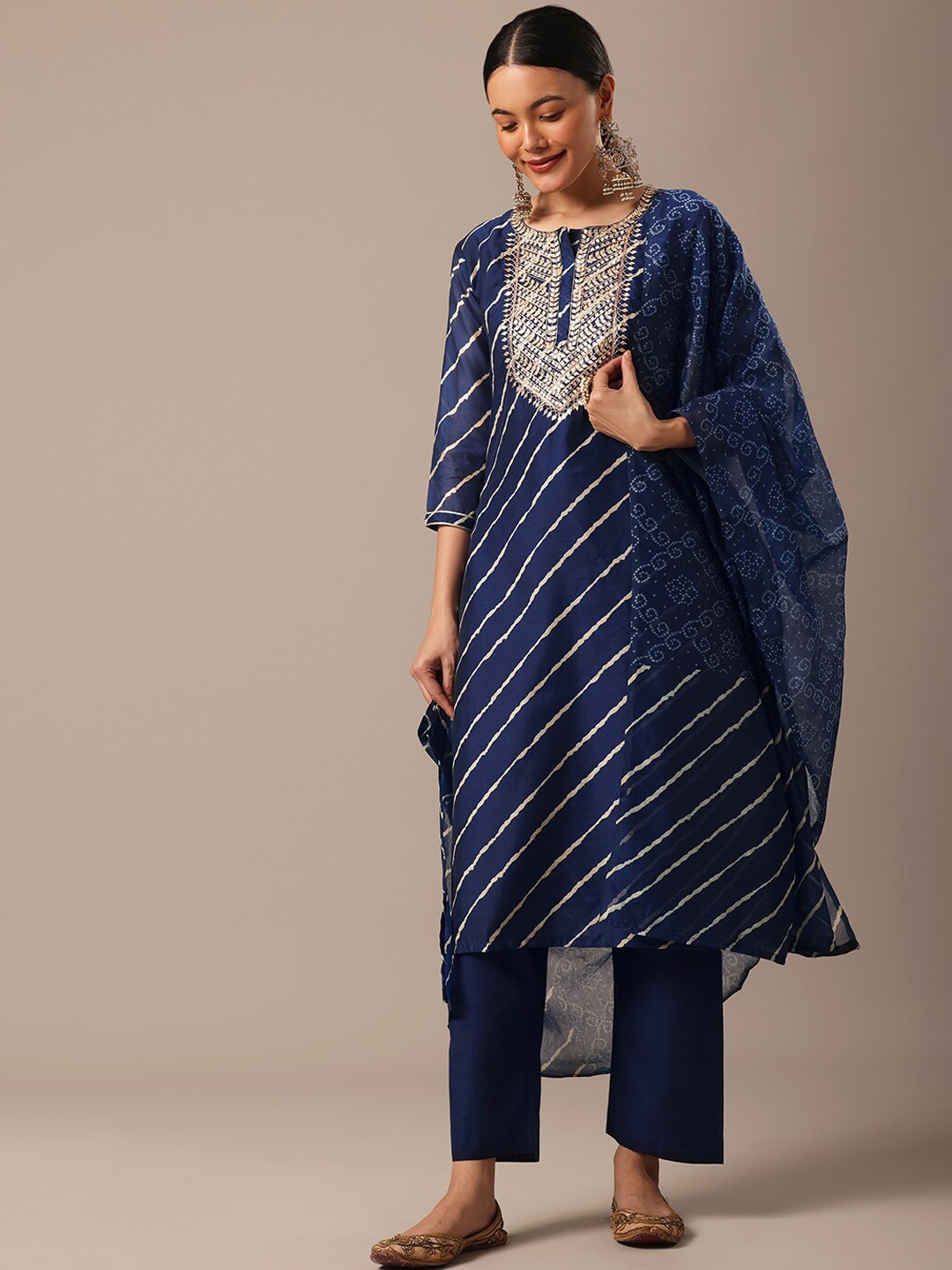 

KALKI Fashion Leheriya Yoke Design Sequinned Straight Kurta With Trousers & Dupatta, Blue