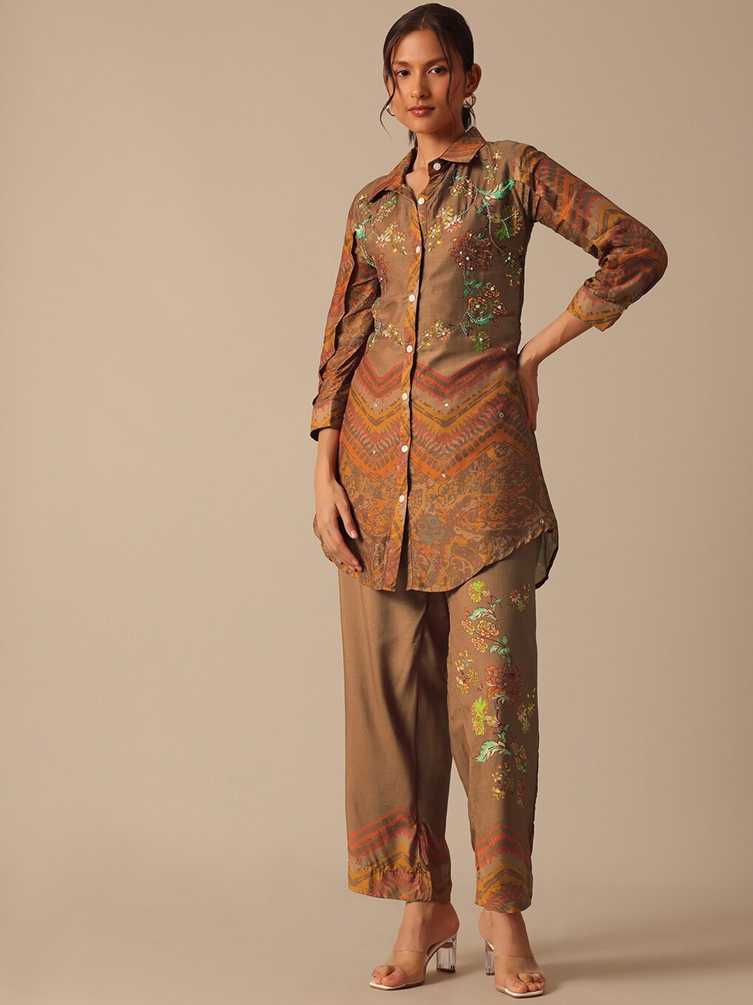 

KALKI Fashion Floral Printed Beaded Kurta With Trousers, Brown