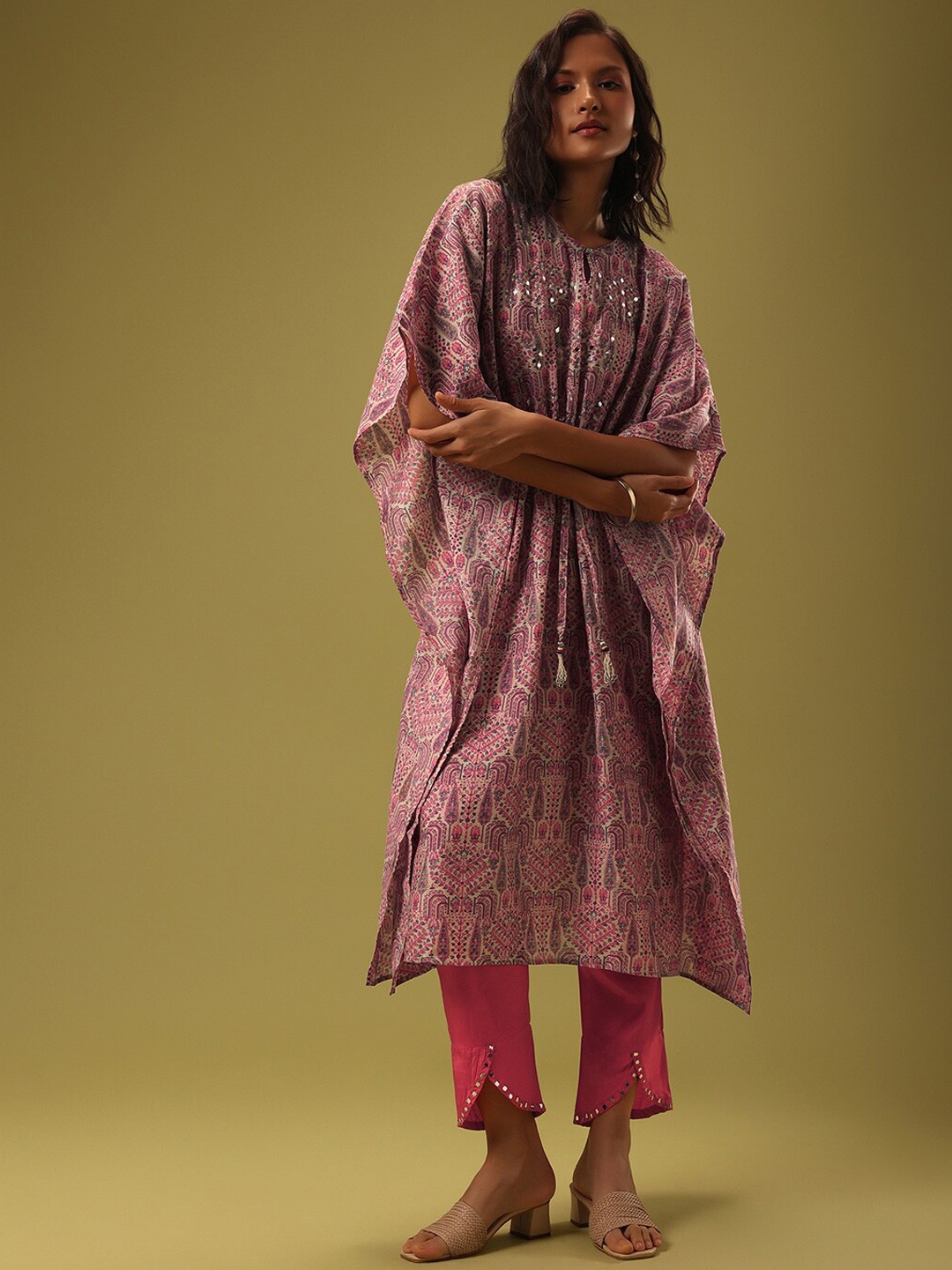 

KALKI Fashion Ethnic Motifs Printed Mirror Work Kurta with Trousers, Pink
