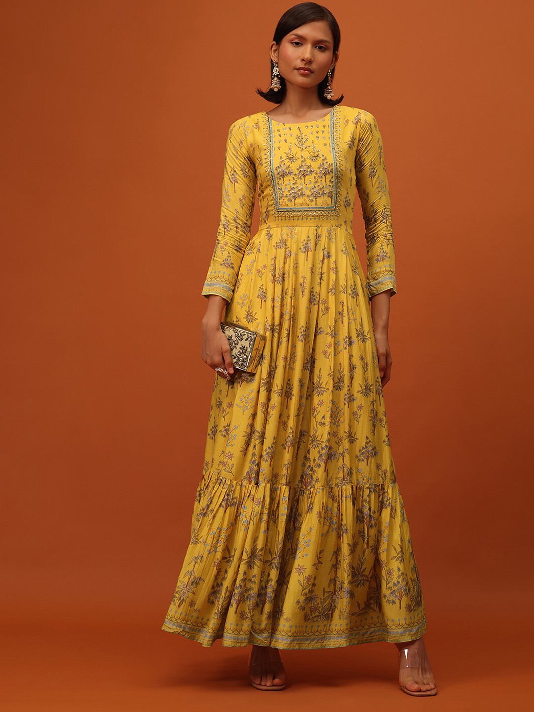 

KALKI Fashion Floral Printed Sequined Silk Maxi Ethnic Dress, Yellow