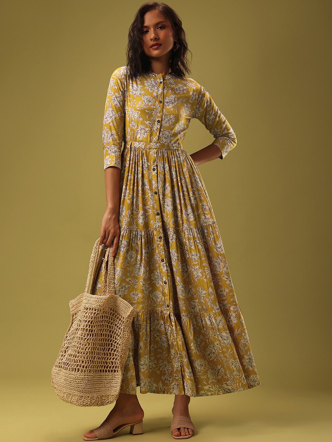 

KALKI Fashion Floral Printed Gathered Maxi Ethnic Dress, Yellow