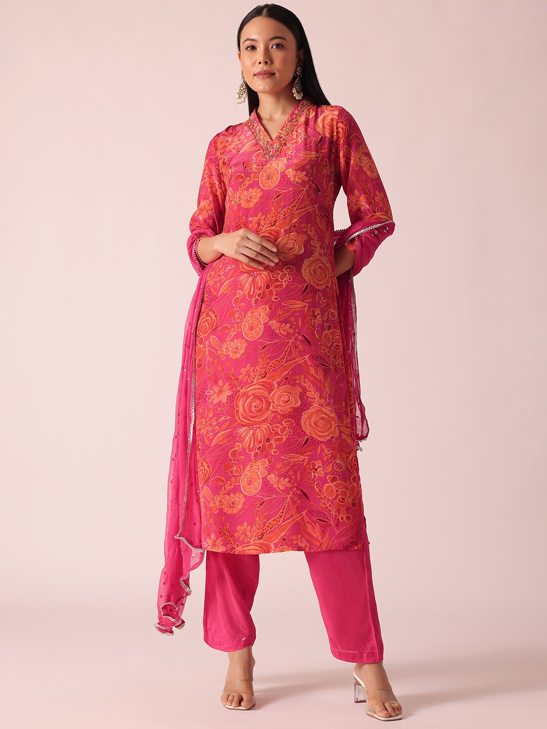 

KALKI Fashion Floral Embroidered Kurta & Trousers With Dupatta, Pink
