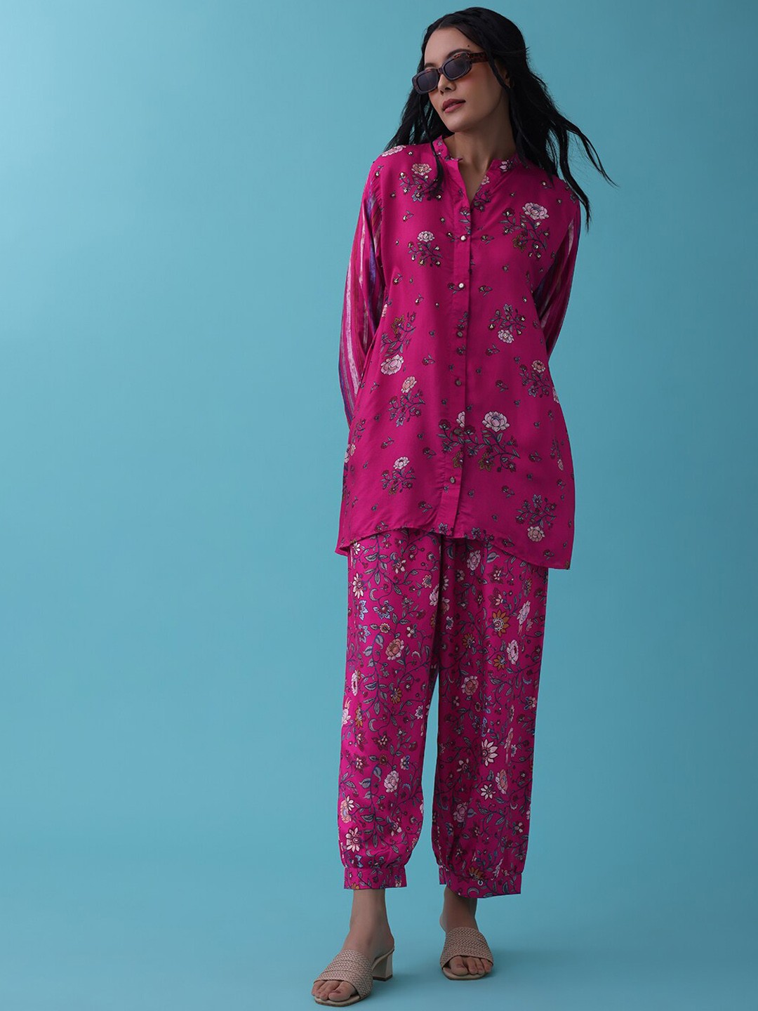 KALKI Fashion Floral Printed Mandarin Collar Shirt With Trouser, Pink