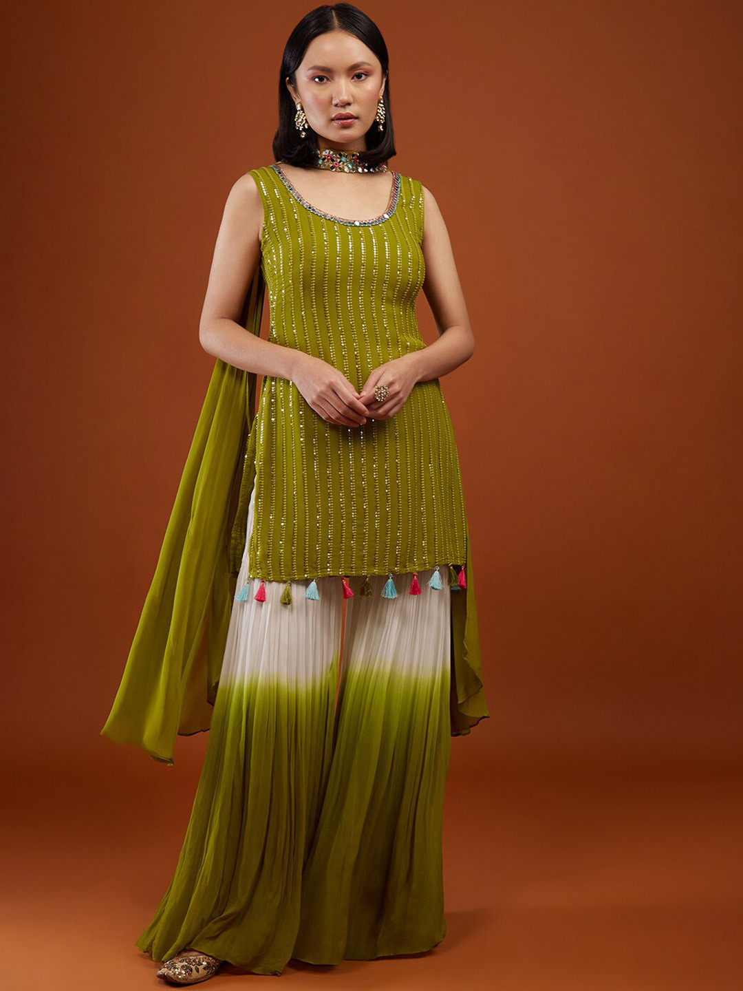 

KALKI Fashion Striped Embroidered Sequinned Kurti & Sharara With Dupatta, Green