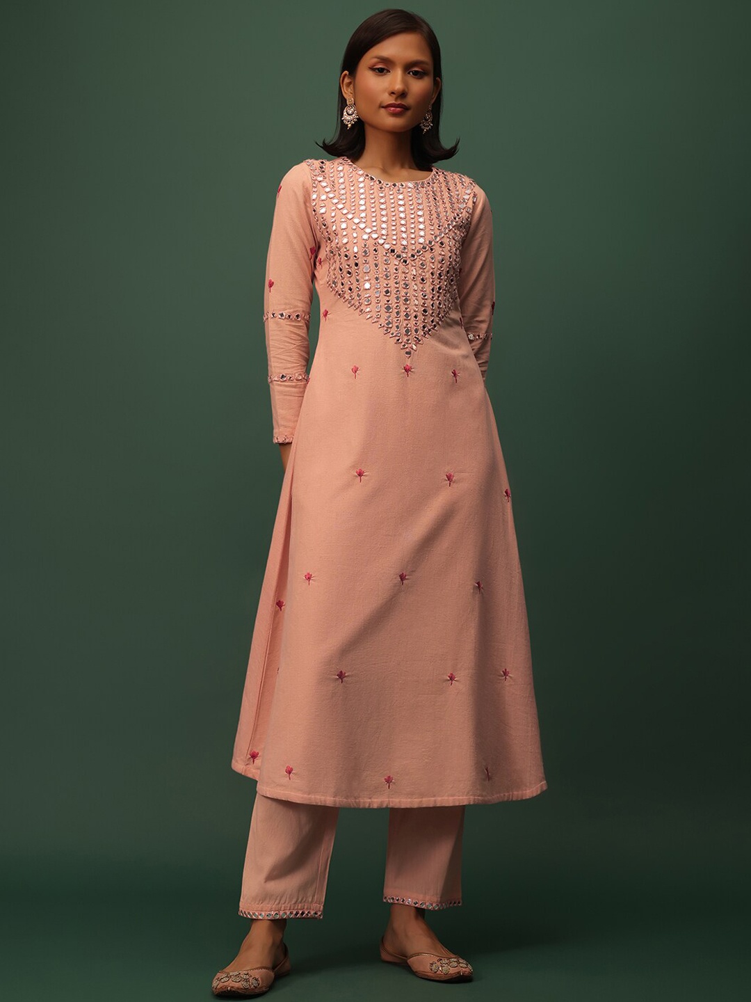 

KALKI Fashion Floral Yoke Design Mirror Work A-line Kurta with Trousers, Peach