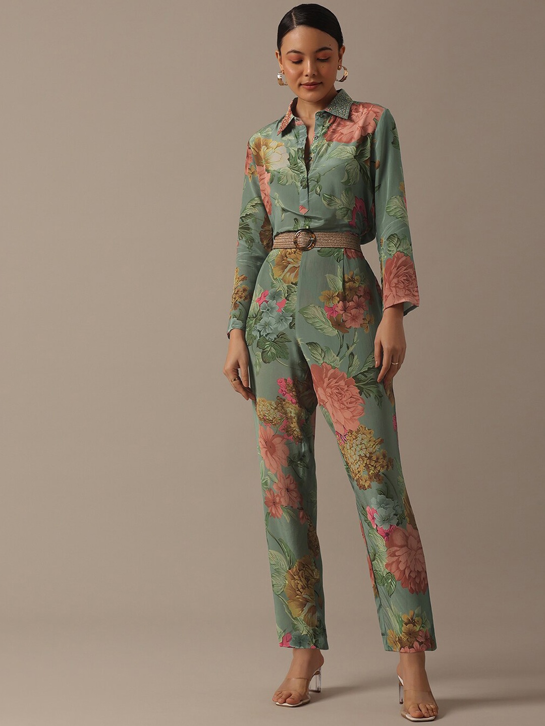 

KALKI Fashion Floral Printed Long Line Shirt & Trouser, Green
