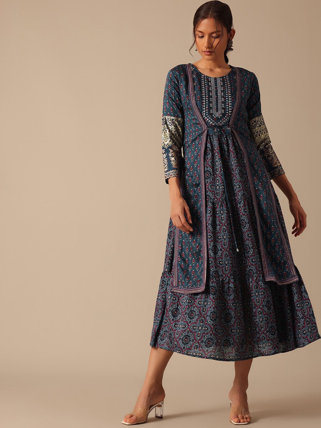 

KALKI Fashion Printed Round Neck Gathered Chanderi Fit & Flare Ethnic Dress With Jacket, Blue