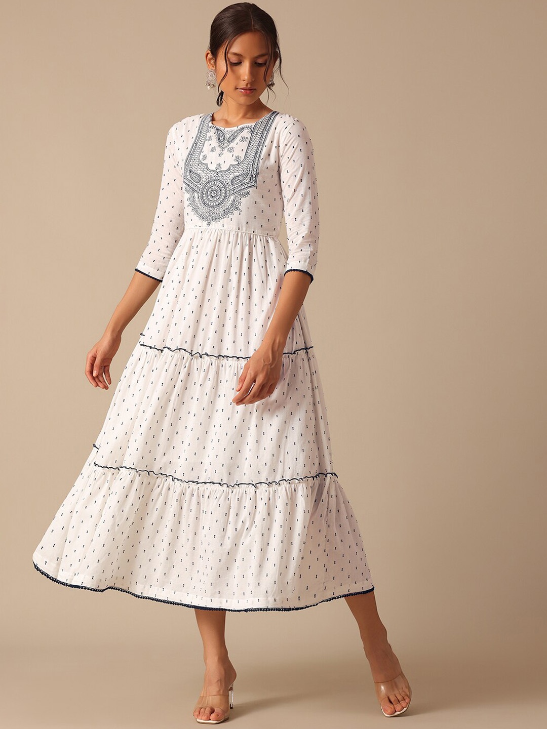 

KALKI Fashion Floral Embroidered Cotton A-Line Midi Ethnic Dress, White