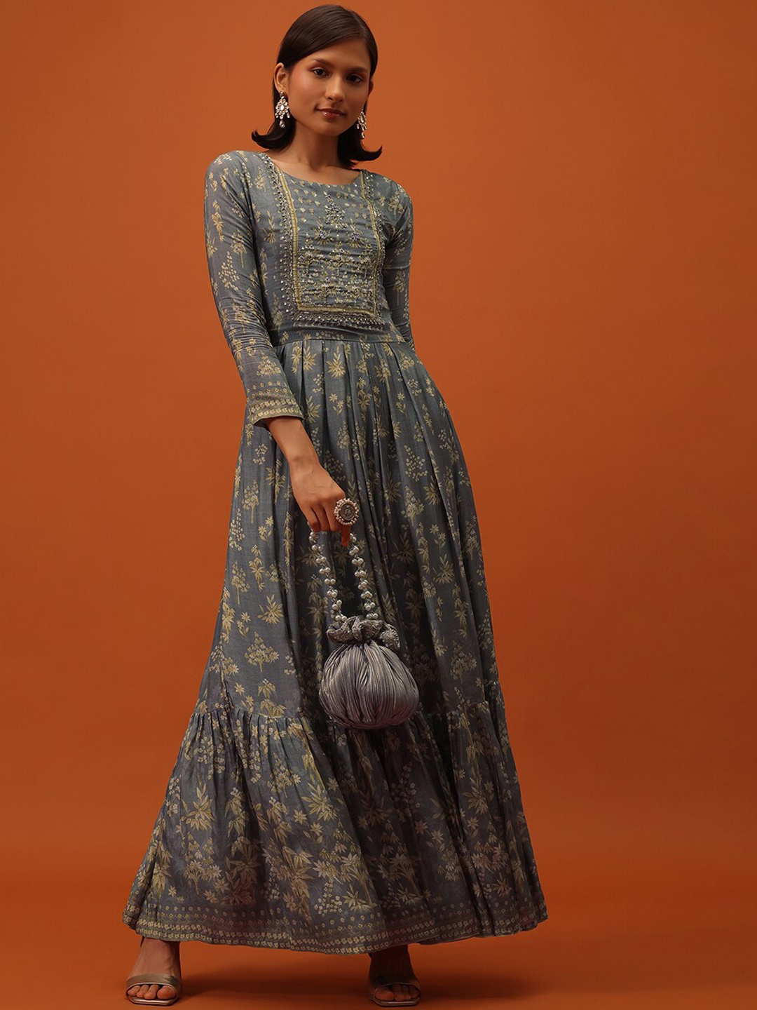 

KALKI Fashion Floral Printed Embellished Fit & Flared Satin Ethnic Dress, Grey