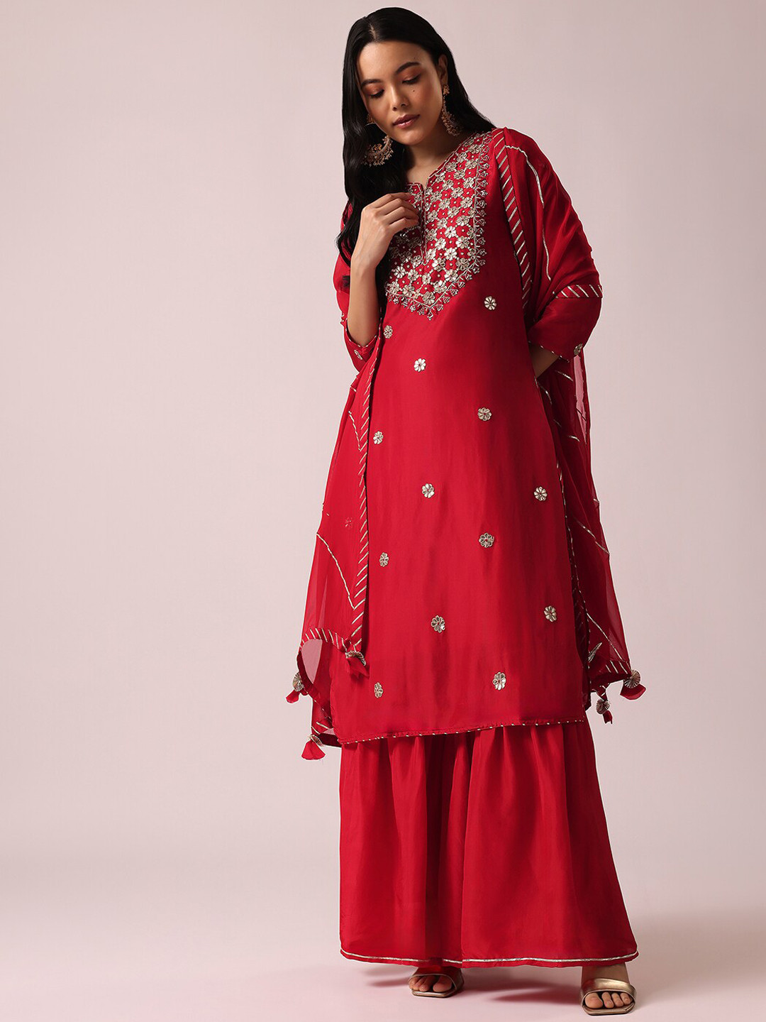 

KALKI Fashion Ethnic Motifs Embroidered Gotta Patti Straight Kurta & Sharara With Dupatta, Red