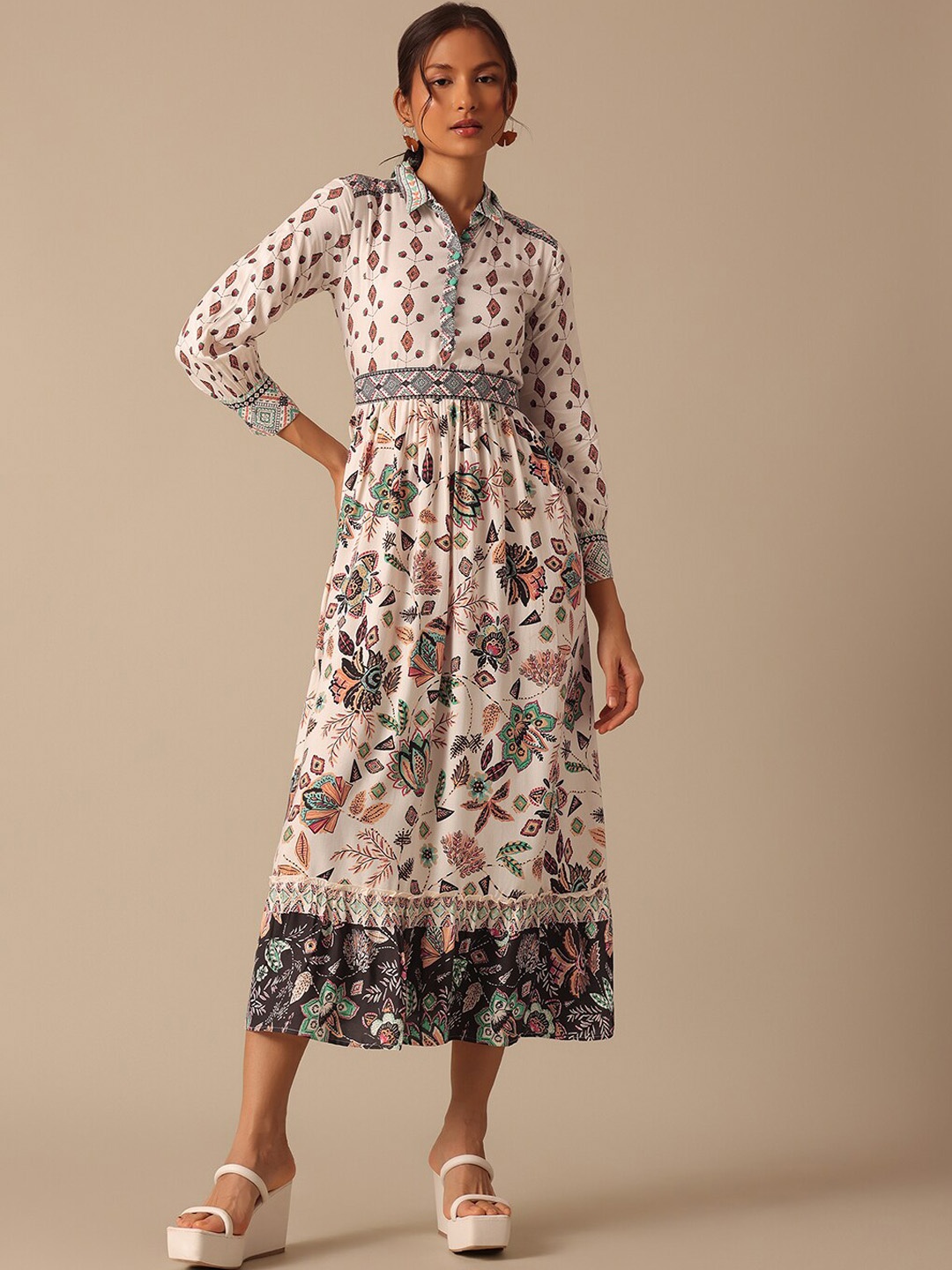 

KALKI Fashion Floral Printed Cotton A-Line Midi Ethnic Dress, White
