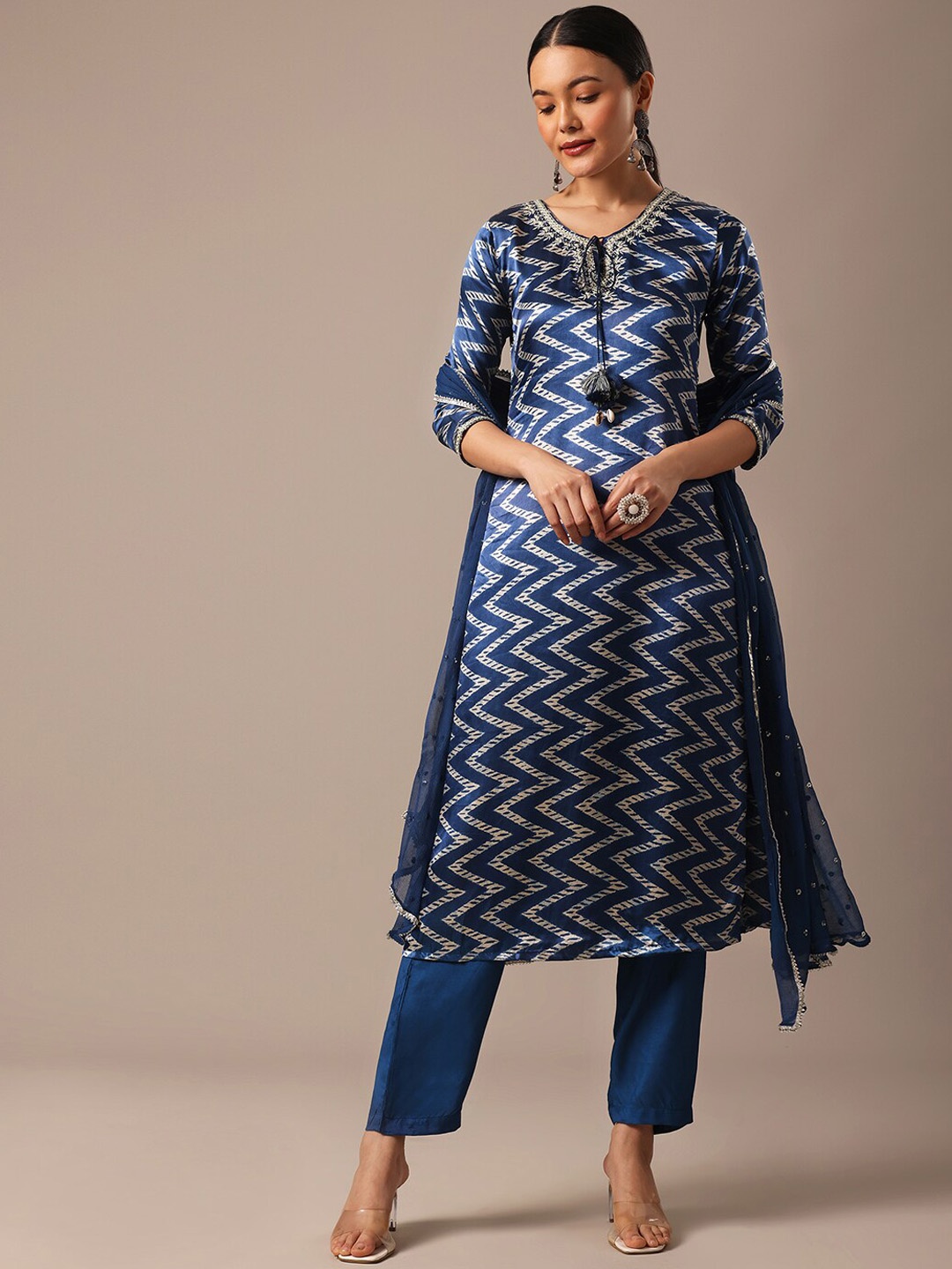 

KALKI Fashion Chevron Printed Mirror Work Kurta & Trousers With Dupatta, Blue