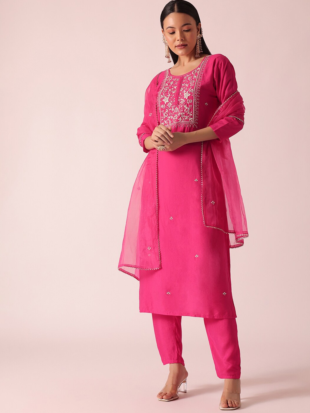 

KALKI Fashion Ethnic Motifs Embroidered Straight Kurta & Trouser With Dupatta, Pink