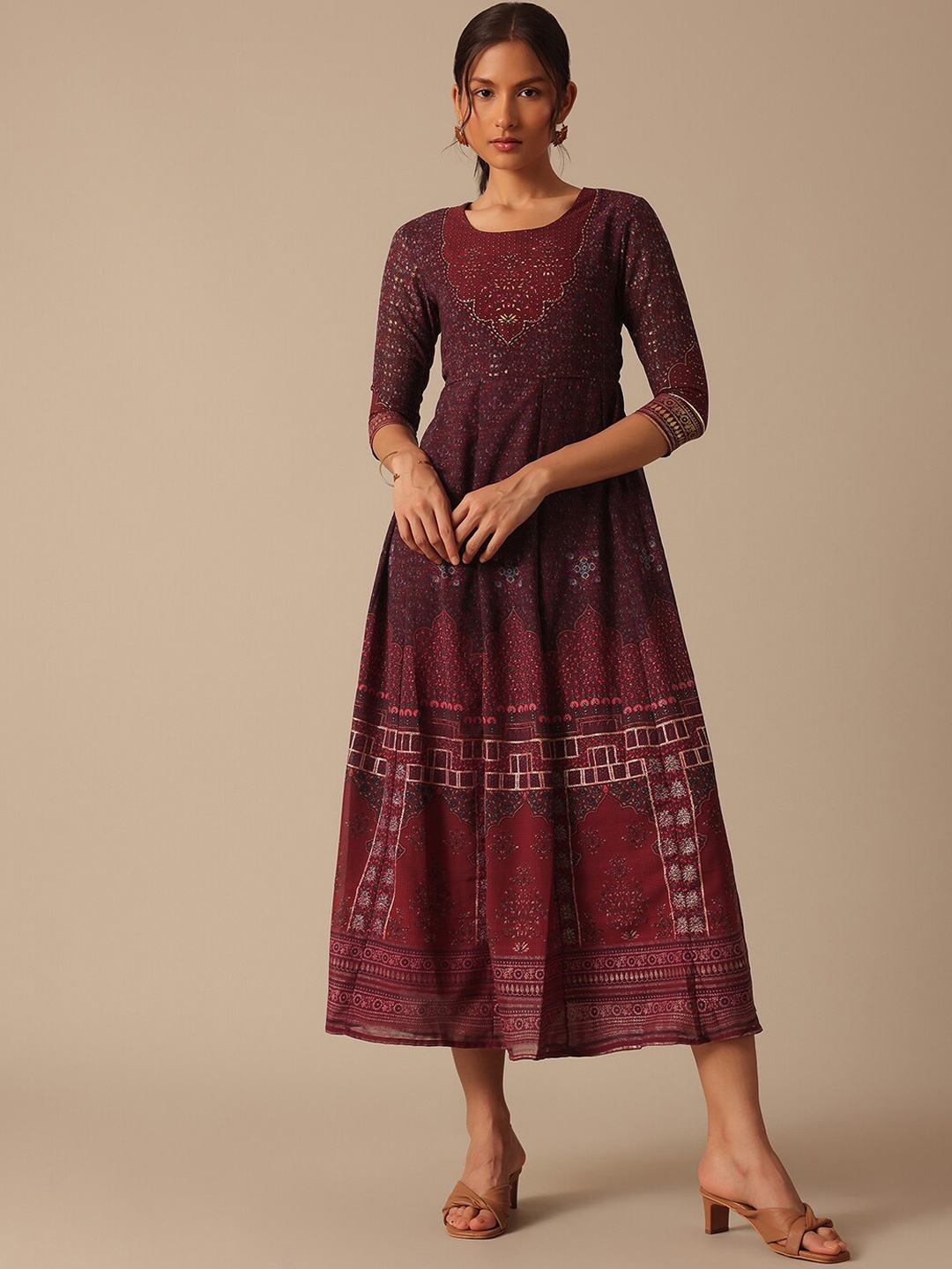 

KALKI Fashion Ethnic Motifs Foil Printed Ethnic Dress, Red