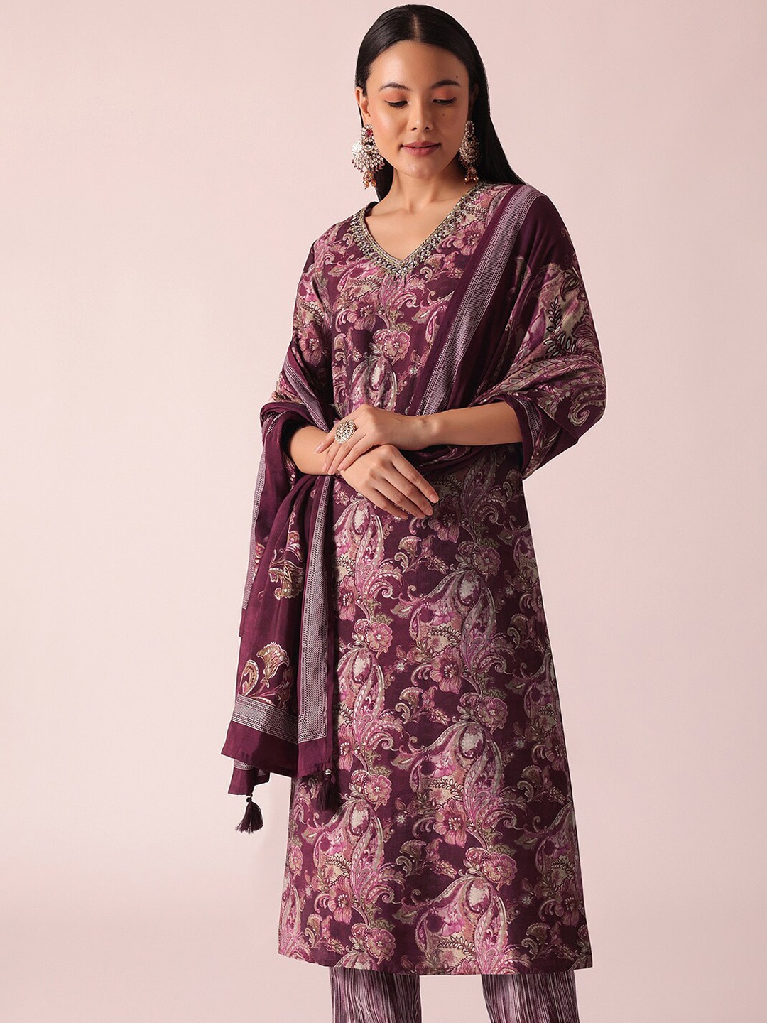 

KALKI Fashion Ethnic Motifs Printed Regular Kurta with Trousers & With Dupatta, Purple