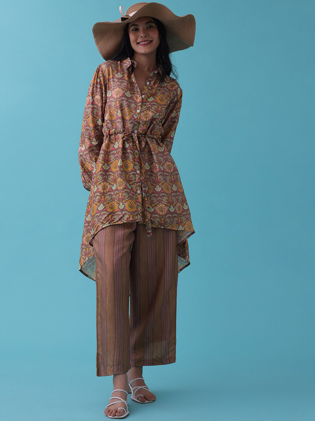 

KALKI Fashion Printed High Low Tunic & Palazzo, Brown