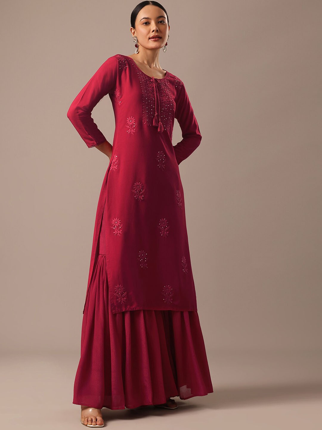 

KALKI Fashion Lucknowi Floral Embroidered With Sequinned Kurta, Red