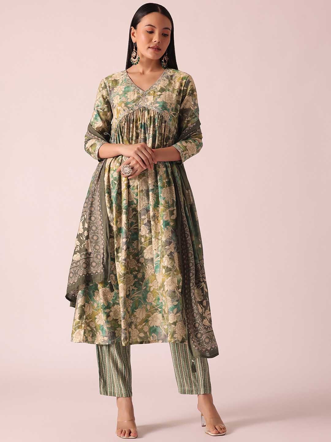 

KALKI Fashion Floral Printed Empire Thread Work Anarkali Kurta With Trousers & Dupatta, Green