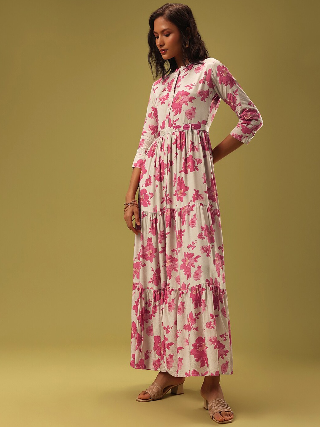 

KALKI Fashion Floral Printed Mandarin Collar Cotton Fit and Flare Maxi Ethnic Dress, White