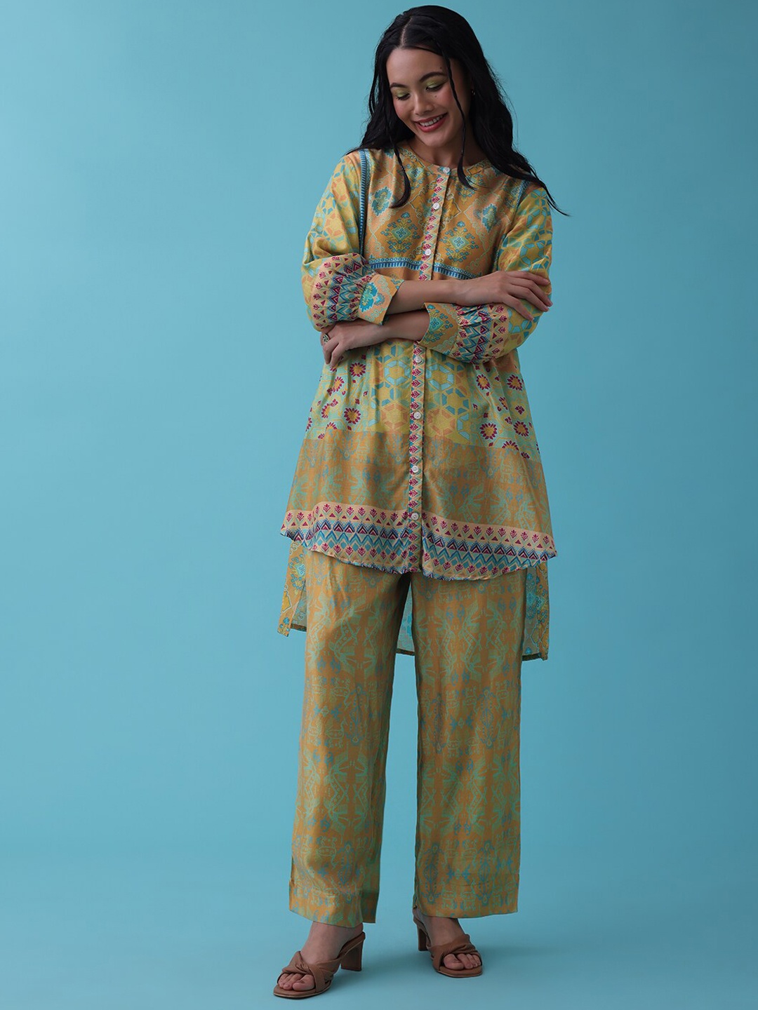 

KALKI Fashion Ethnic Motifs Printed High Low Straight Kurta With Palazzos, Yellow