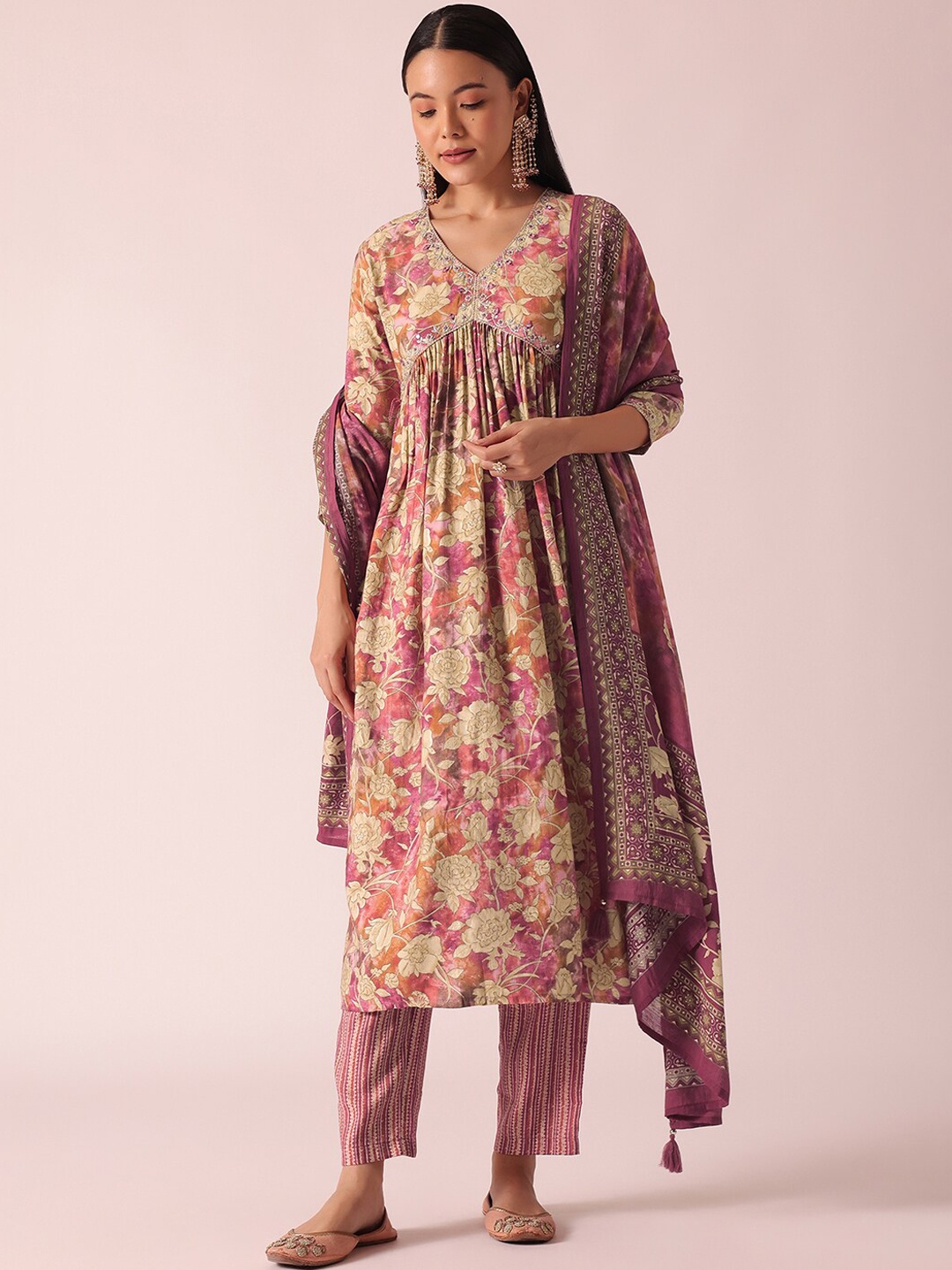 

KALKI Fashion Floral Printed Empire Thread Work Kurta With Trousers & Dupatta, Pink