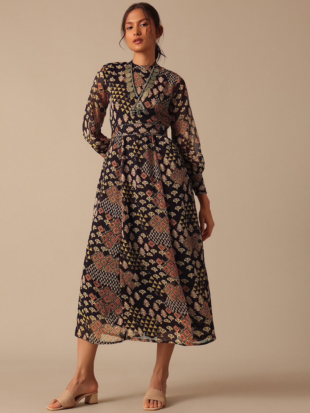 

KALKI Fashion Ethnic Printed Puff Sleeves Chiffon Fit & Flare Midi Ethnic Dress With Belt, Black