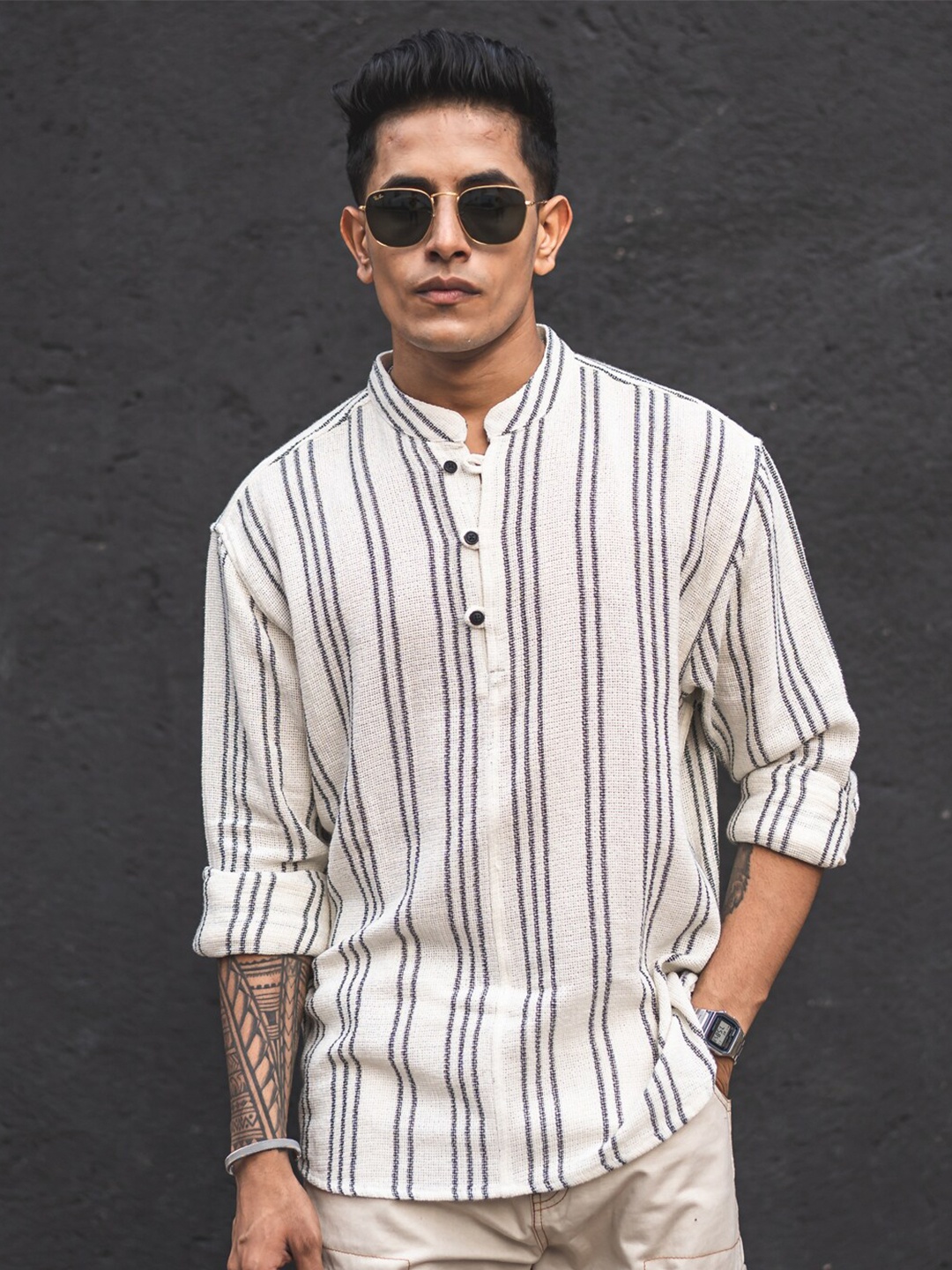 

Powerlook Cream-Coloured India Slim Striped Oversized Casual Shirt
