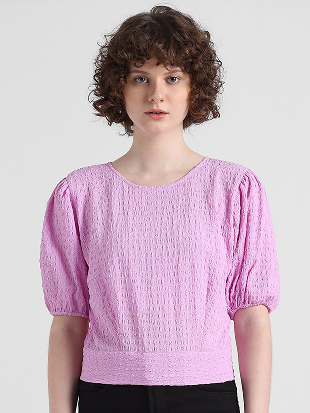 

ONLY Self Design Puff Sleeves Tie-Up Detail Styled Back Top, Lavender