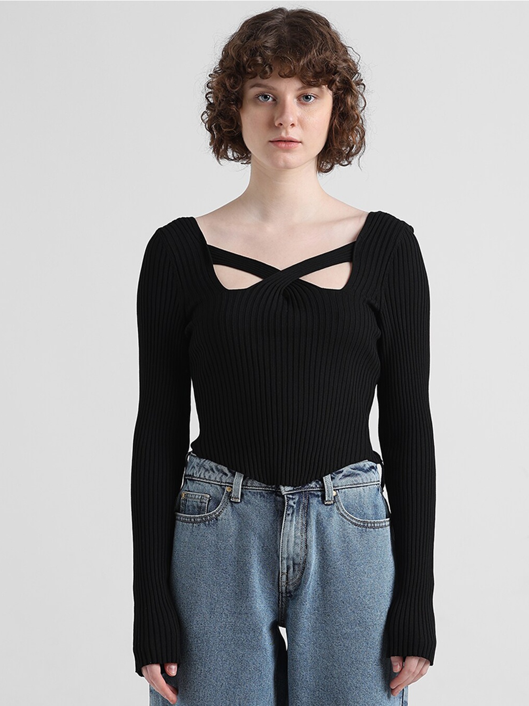 

ONLY Square Neck Knitted Crop Top, Black