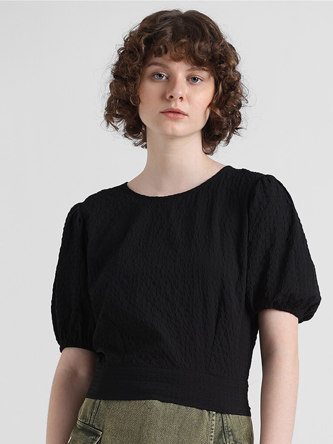 

ONLY Self Design Puff Sleeves Boat Neck Top, Black