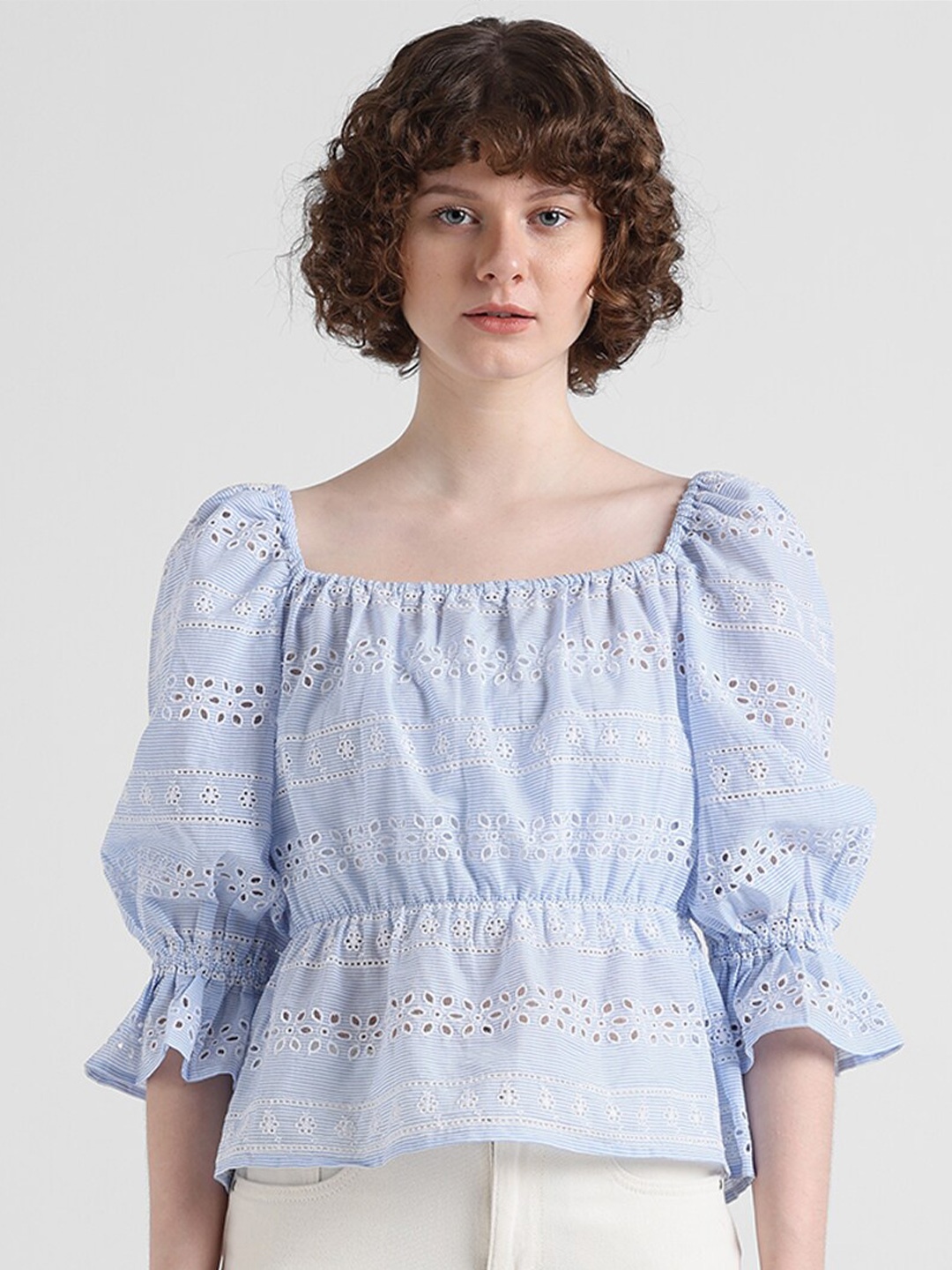 

ONLY Self Design Square Neck Bell Sleeves Schiffli Pure Cotton Cinched Waist Top, Blue