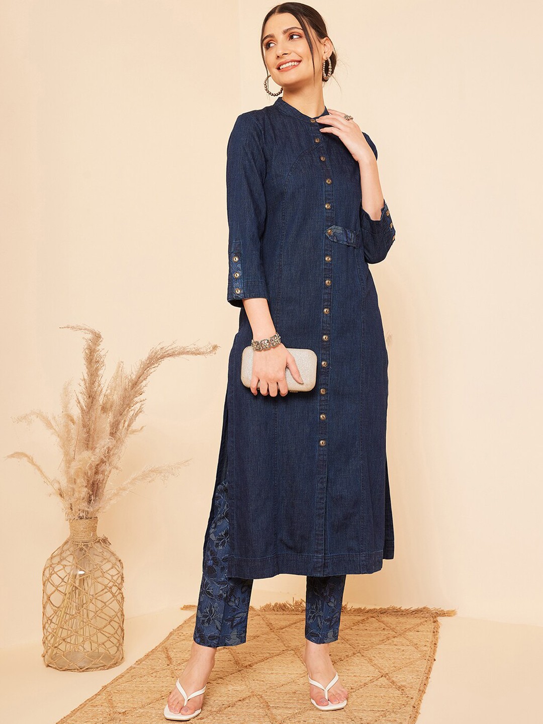 

STADO Band Collar Pure Cotton Straight Kurta With Trouser, Navy blue
