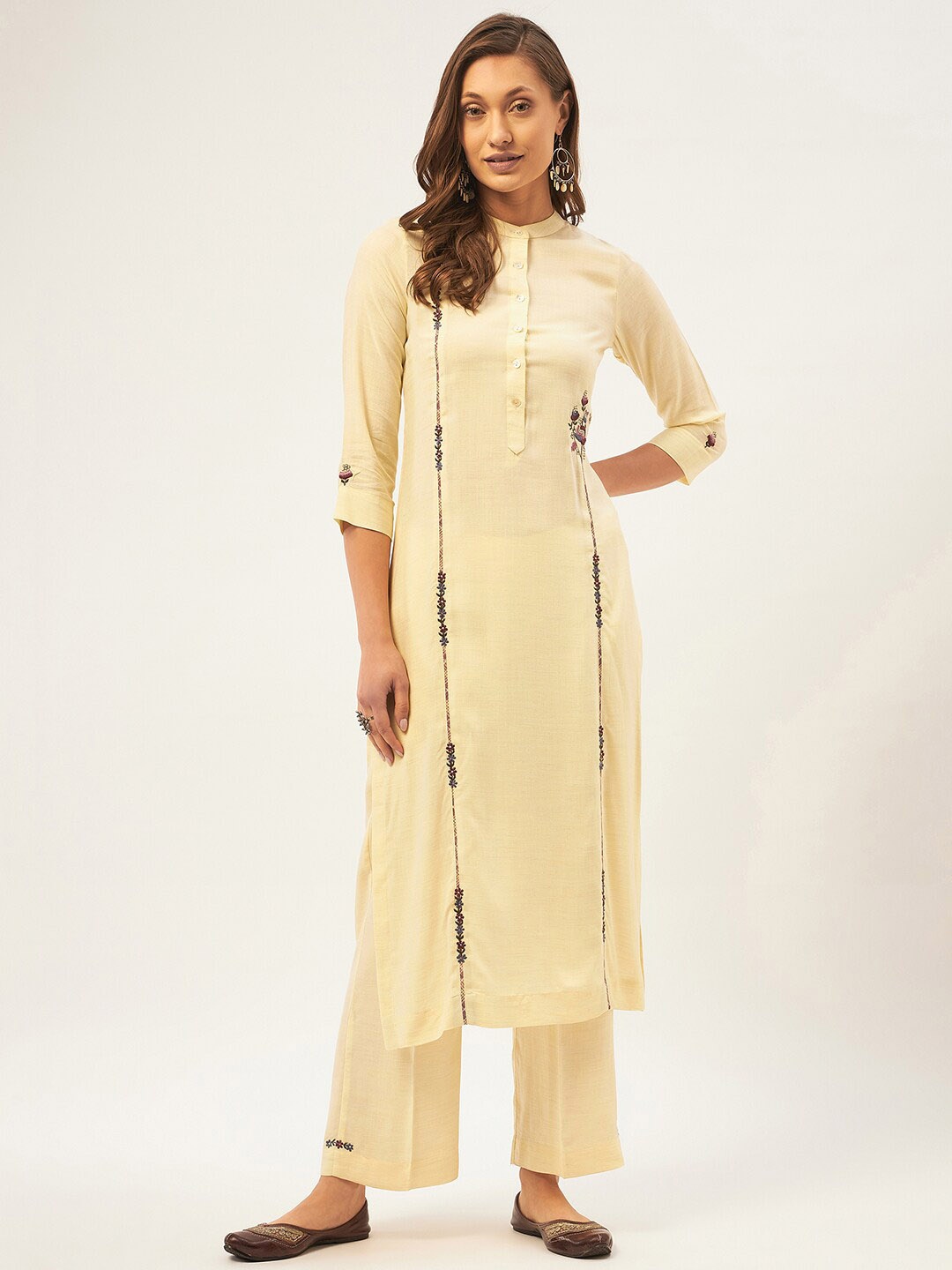 

STADO Floral Embroidered Thread Work Detailed Pure Cotton Straight Kurta With Palazzo, Yellow