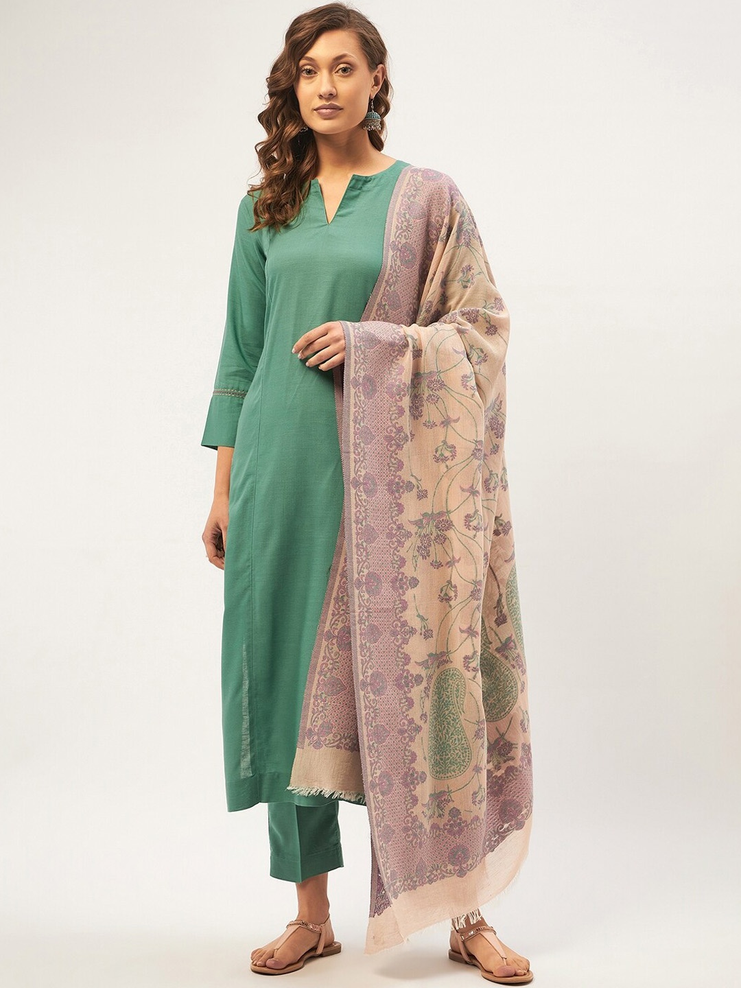 

STADO Mandarin Collar Pure Cotton Kurta with Trousers & With Printed Dupatta, Sea green