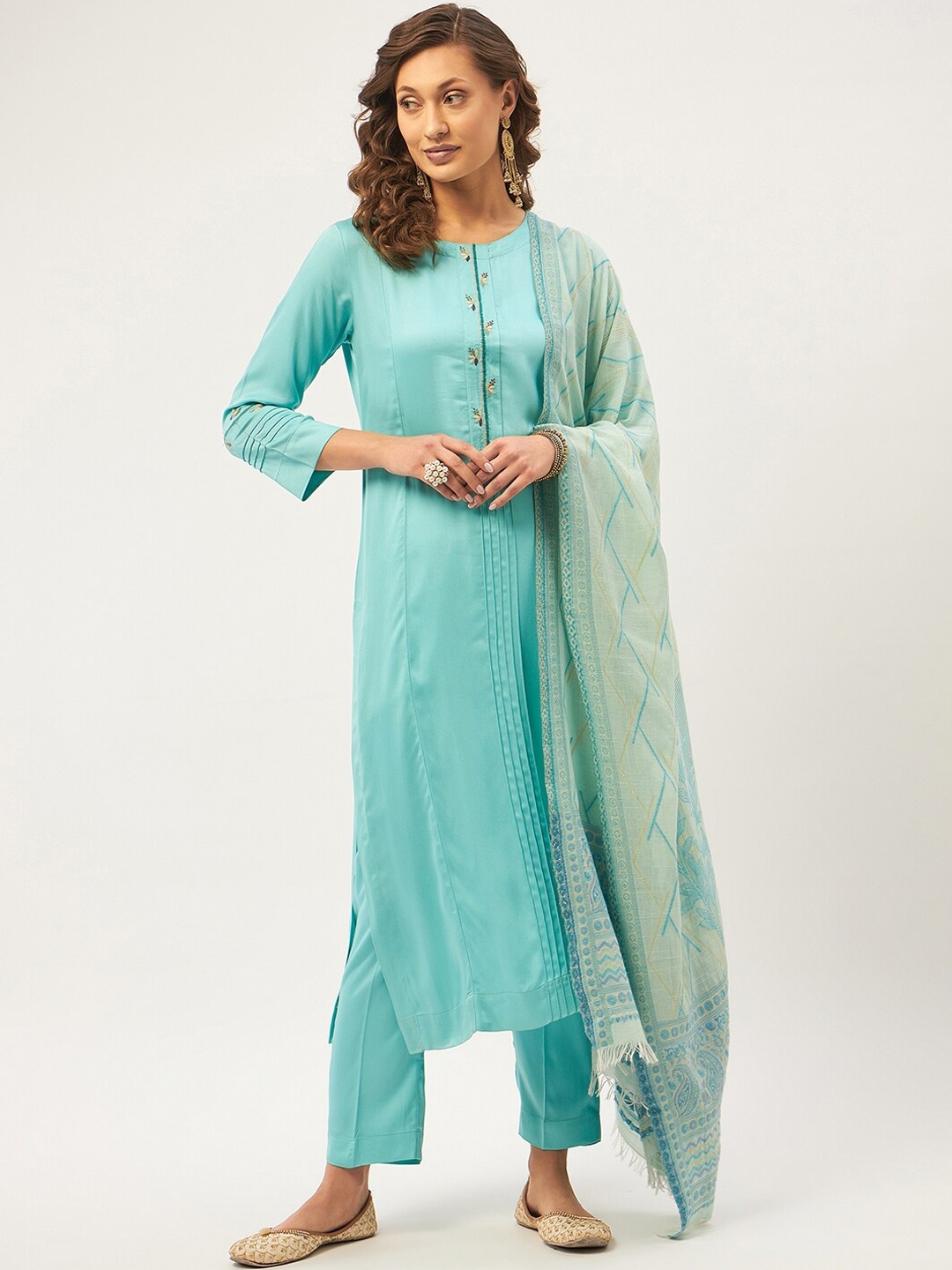 

STADO Floral Embroidered Pure Cotton Kurta & Trousers With Dupatta, Blue