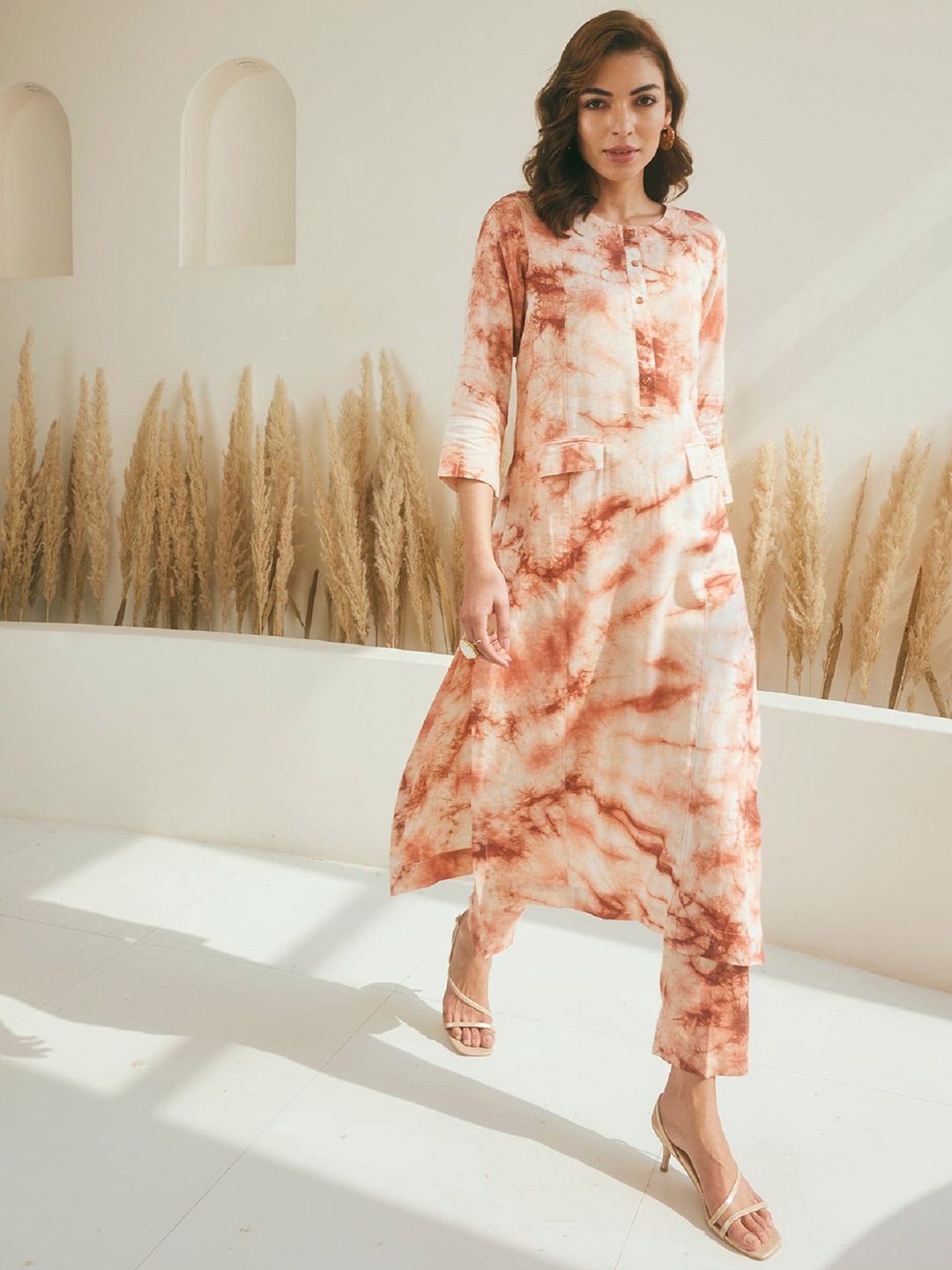 

STADO Tie and Dye Pure Cotton Kurta with Trousers, Peach