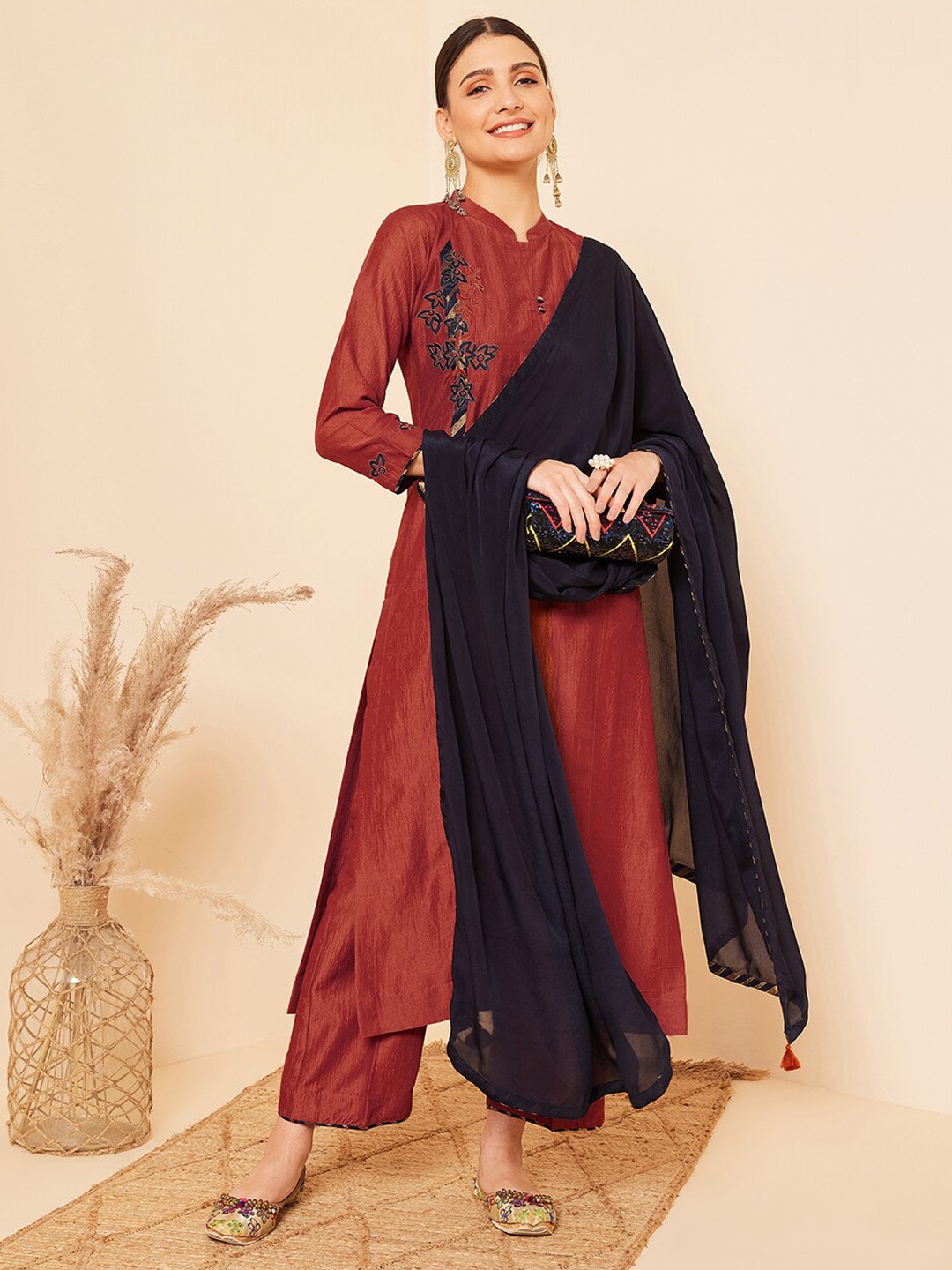 

STADO Floral Embroidered Pure Cotton A-Line Kurta with Trousers & With Dupatta, Rust